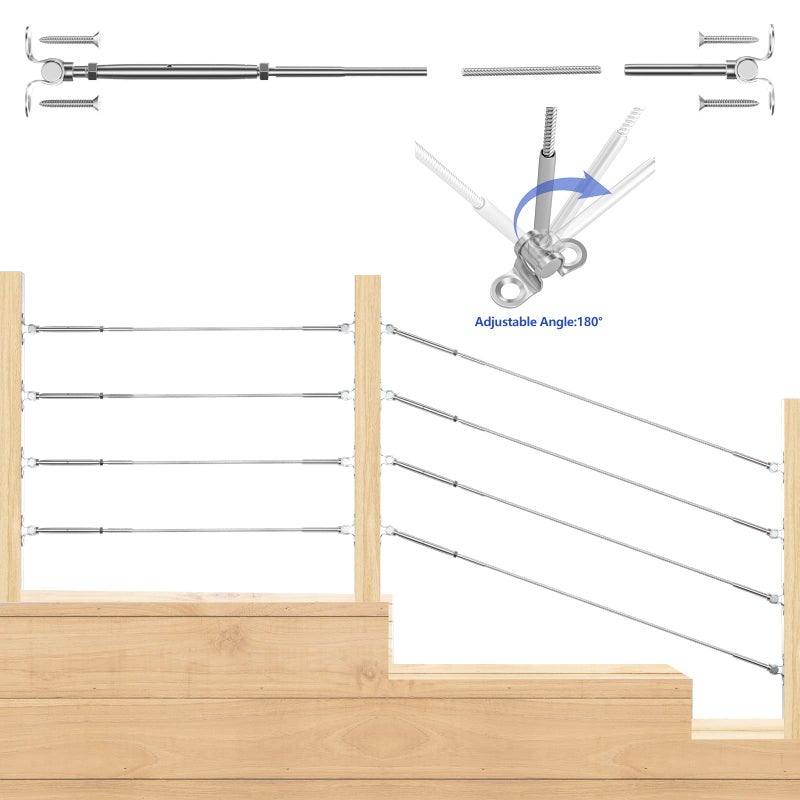 CKE 25 Pairs Cable Railing Kit 1/8" Swage Toggle Turnbuckle Hardware T316 Stainless Steel Cable Railing Hardware for Wood Post, Angle 180Â° Adjustable Stairs Deck Cable Railing Kit 25 Cable Lines, CR25 - Image 5